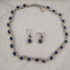 Silver toned CZ Blue Pave Necklace and Earrings Set
